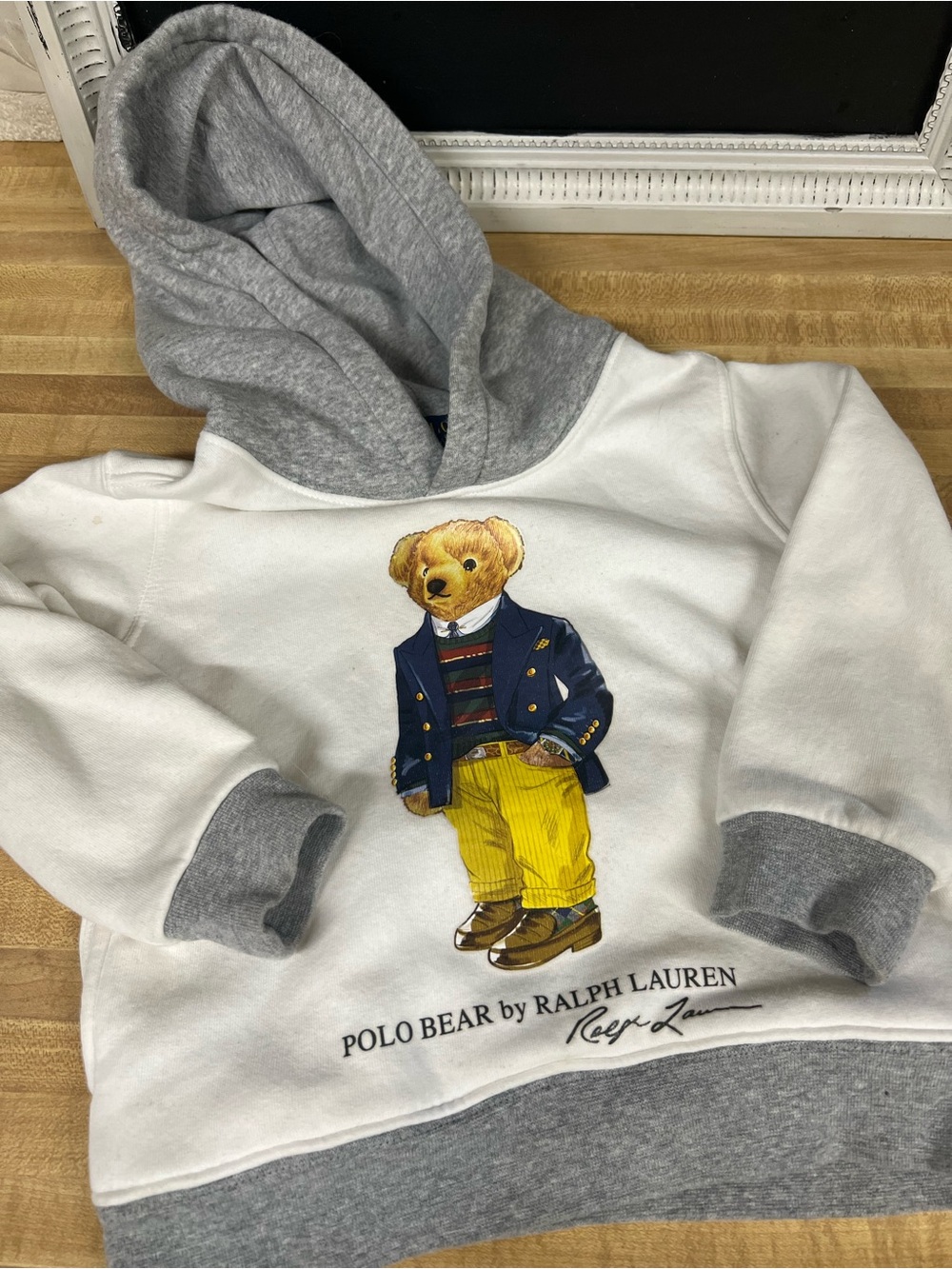 Ralph Lauren Kids Polo Bear Hoodie in White and Gray with Multicolor Bear